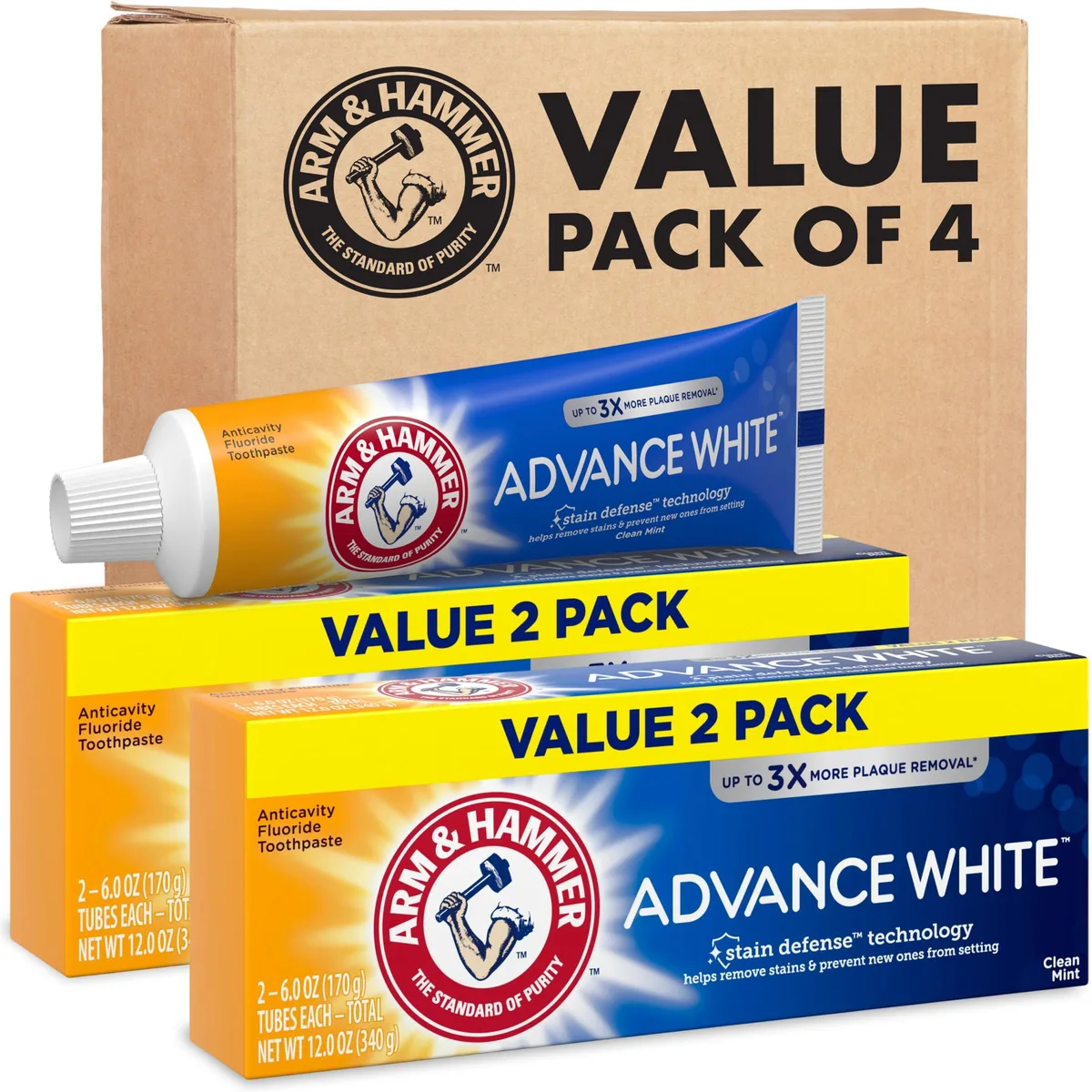 Four white 6.0 oz toothpaste tubes in cardboard packaging