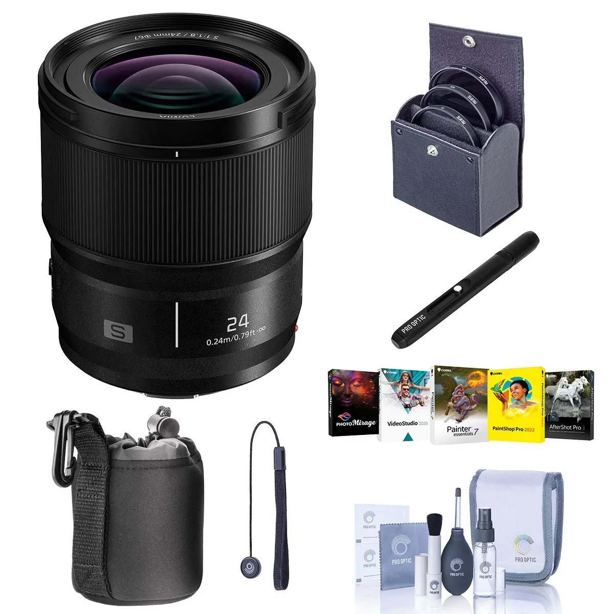 Panasonic Lumix S 24mm f/1.8 L-Mount lens in black with hood, 67mm filter kit, pouch and cleaning accessories