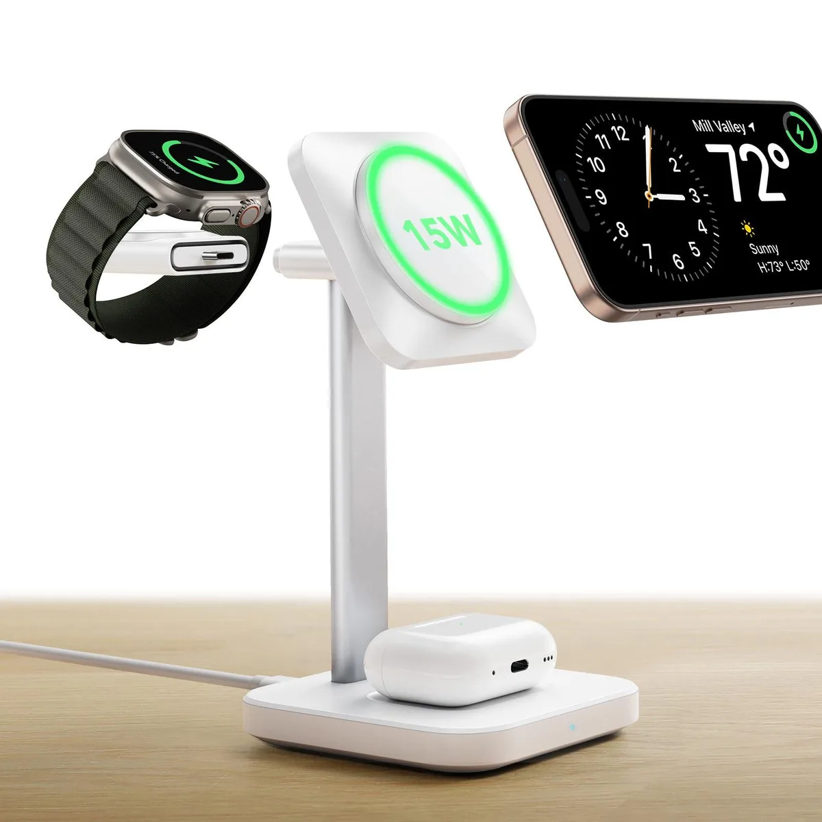 White 3-in-1 MagSafe charging stand for iPhone, Apple Watch and AirPods