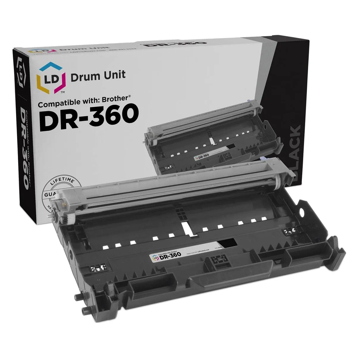 Black cylindrical drum unit with green roller and grey plastic housing