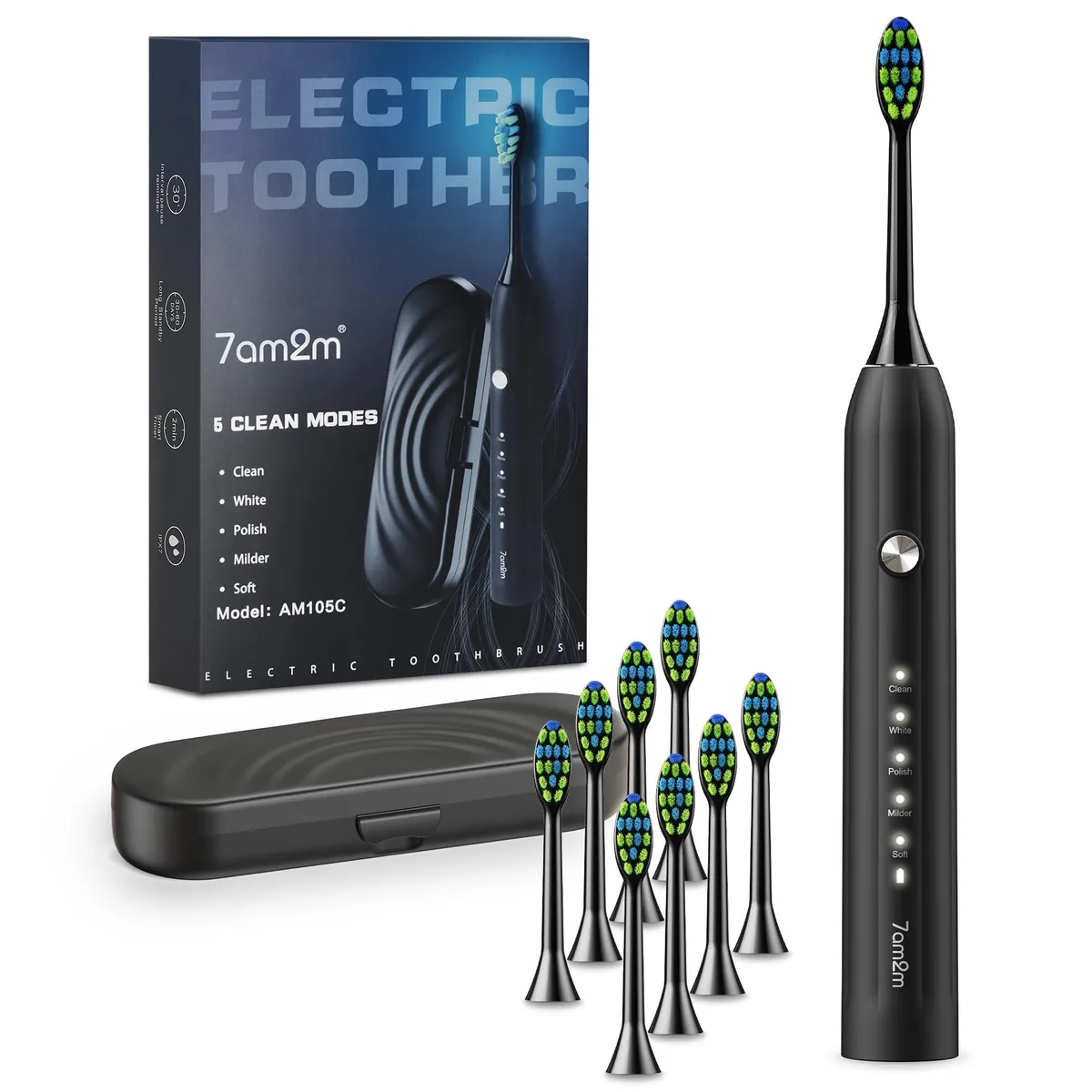 Black sonic electric toothbrush with travel case and eight brush heads