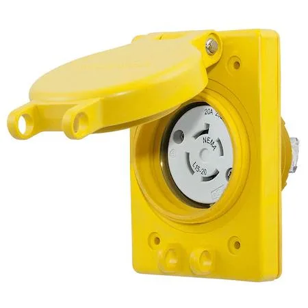Yellow thermoplastic watertight locking receptacle with rectangular flange