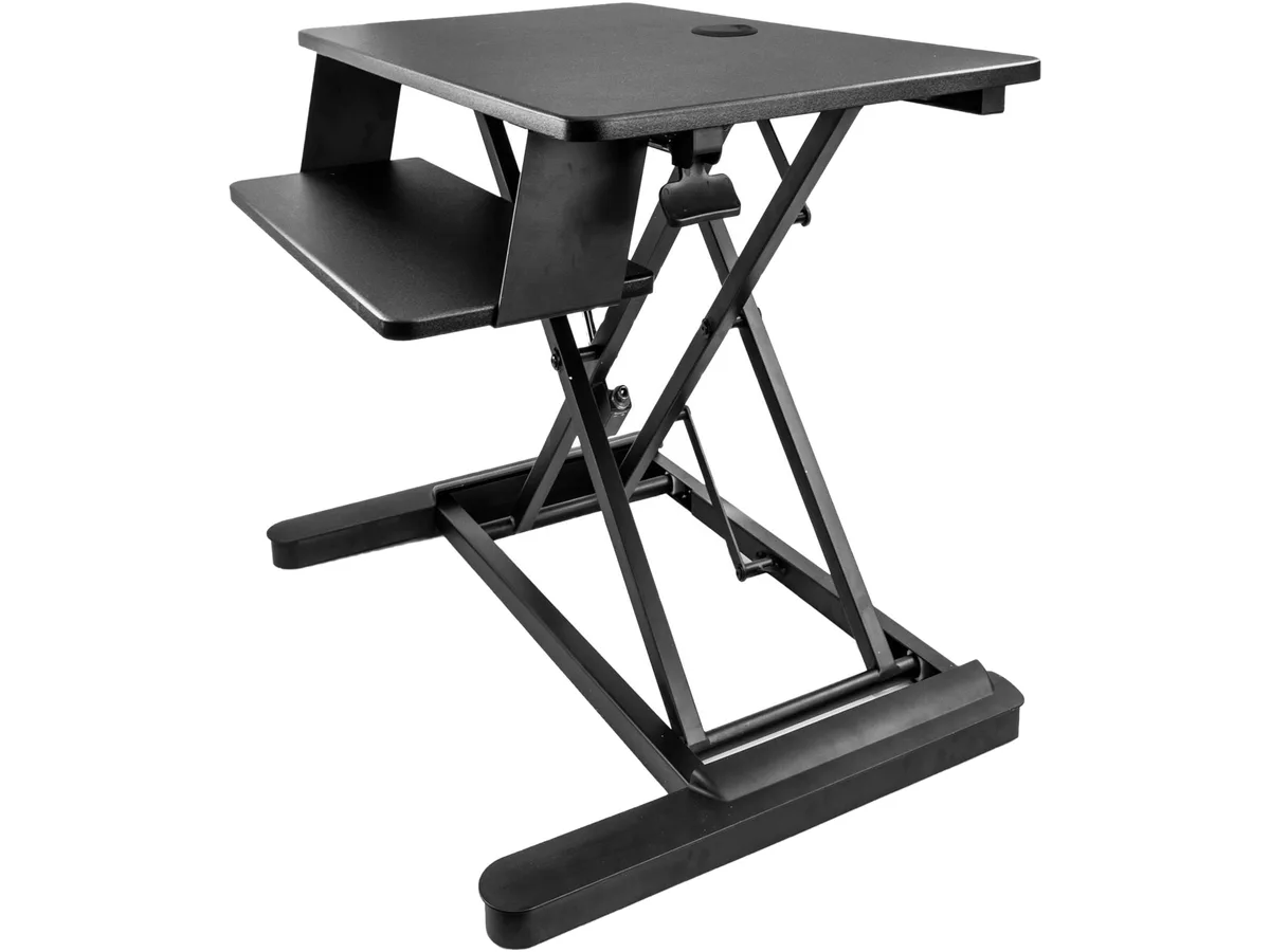 Black steel sit-stand desk converter, 35 inch wide work surface, straight up-down motion