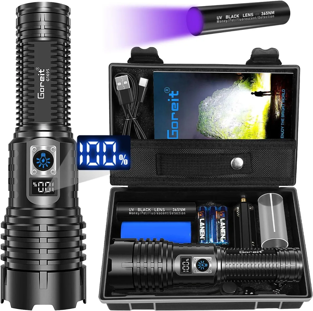 Black cylindrical handheld flashlight with LCD power display and USB port