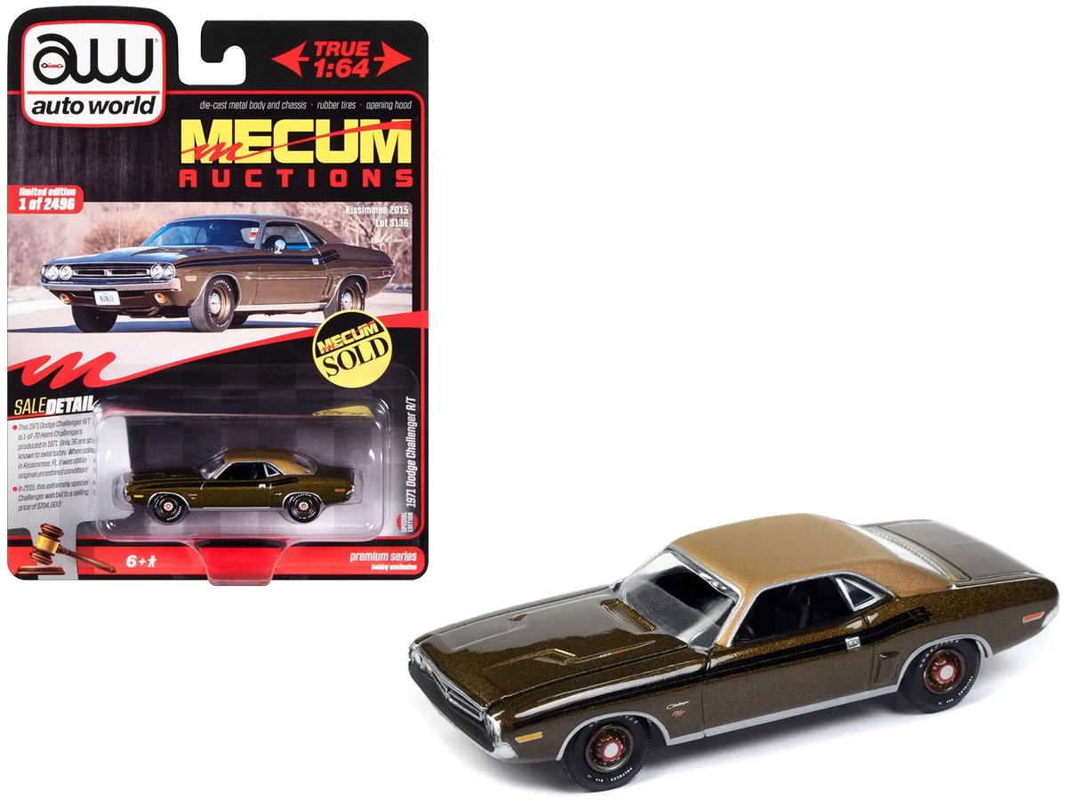 auto world Auto World 1971 Dodge Challenger R/T Dark Gold Metallic Gold Vinyl Roof Mecum Auctions 1/64 Hobby Collectible — product photo