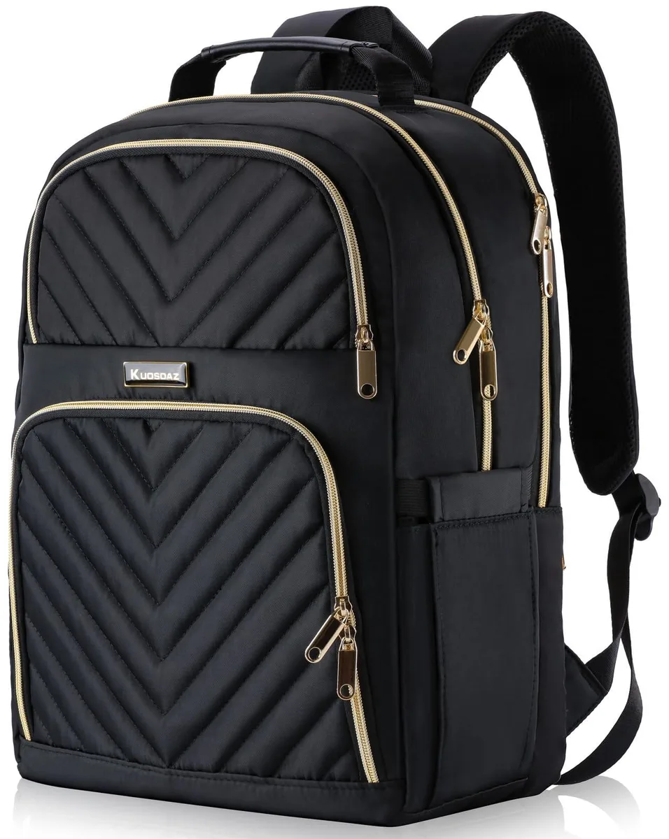 Black quilted nylon laptop backpack with gold zippers and PU leather handle