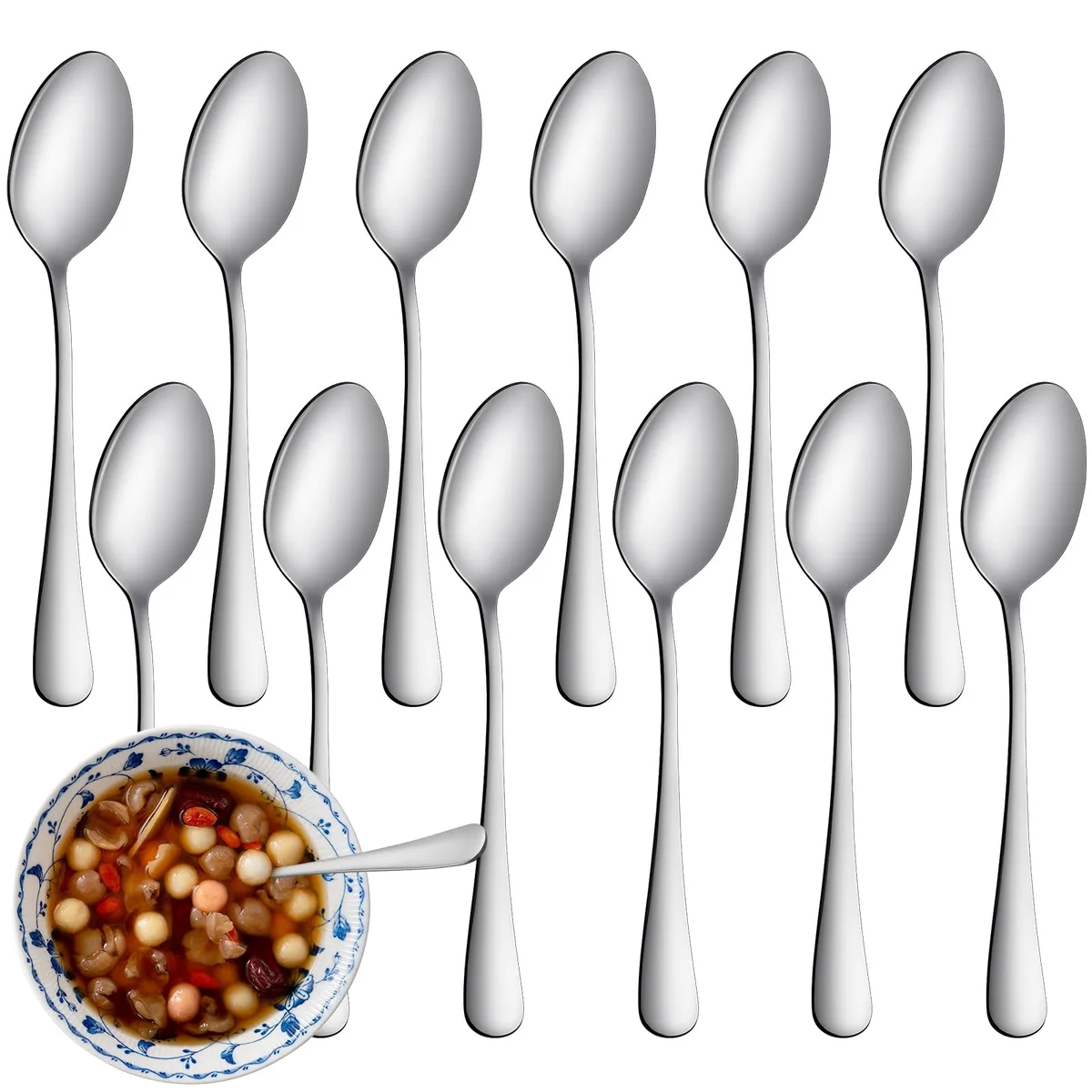 Twelve stainless steel teaspoons, mirror-polished silver finish, 6.7 inch length
