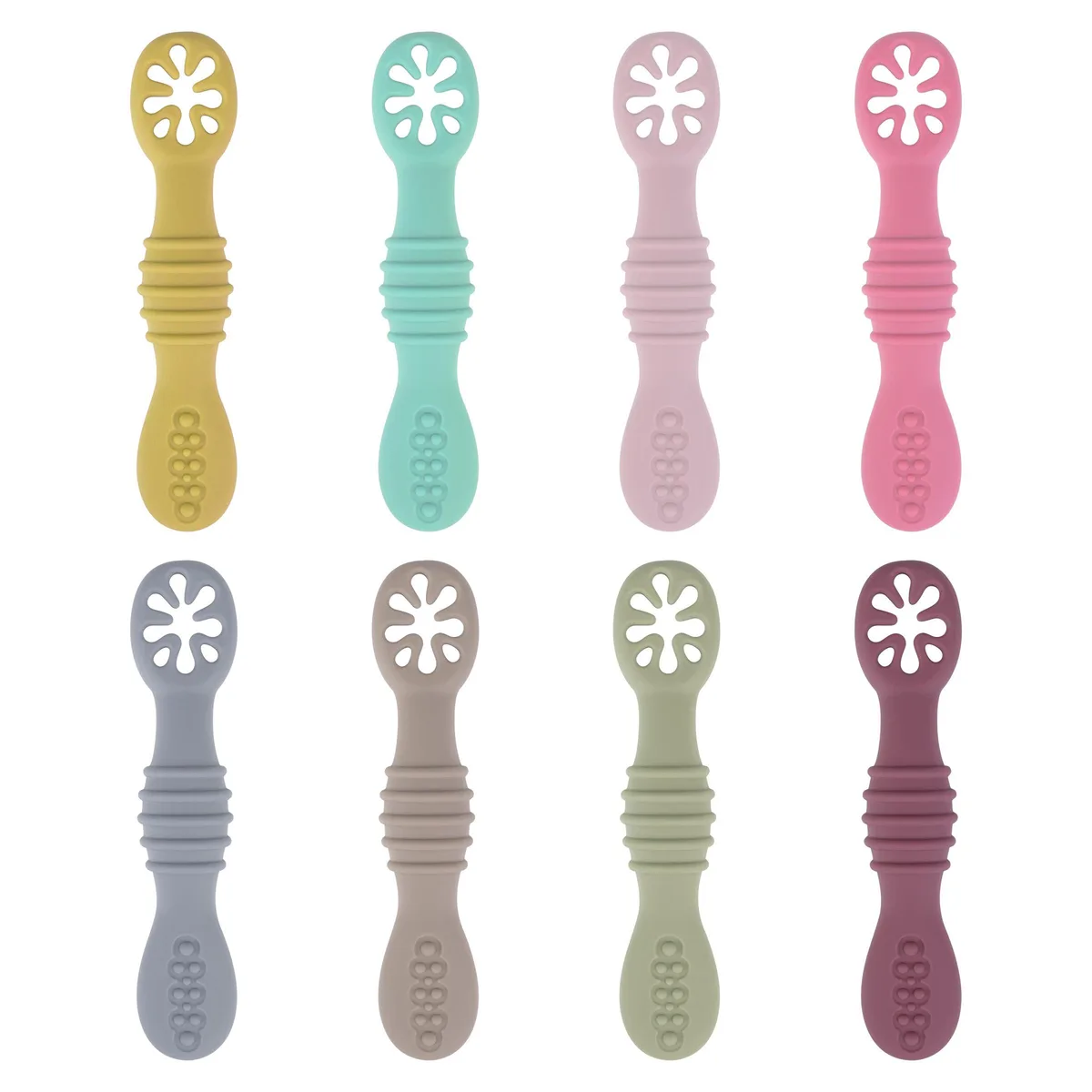 Seven black silicone baby spoons with textured handles and dual ends