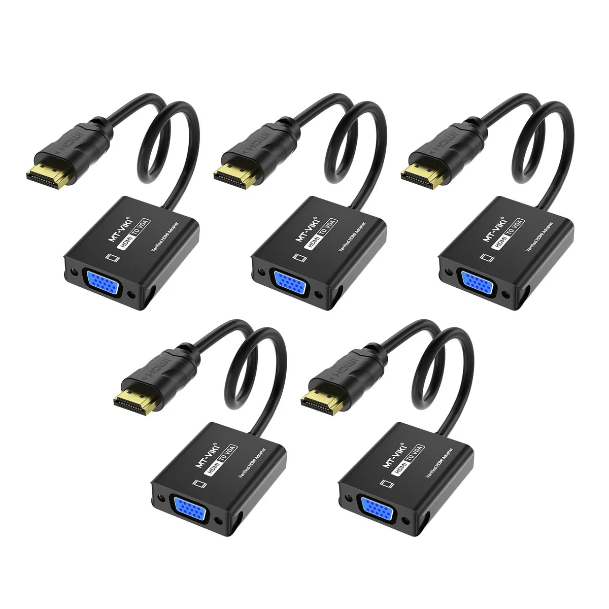 Five small HDMI-to-VGA adapters with gold connectors