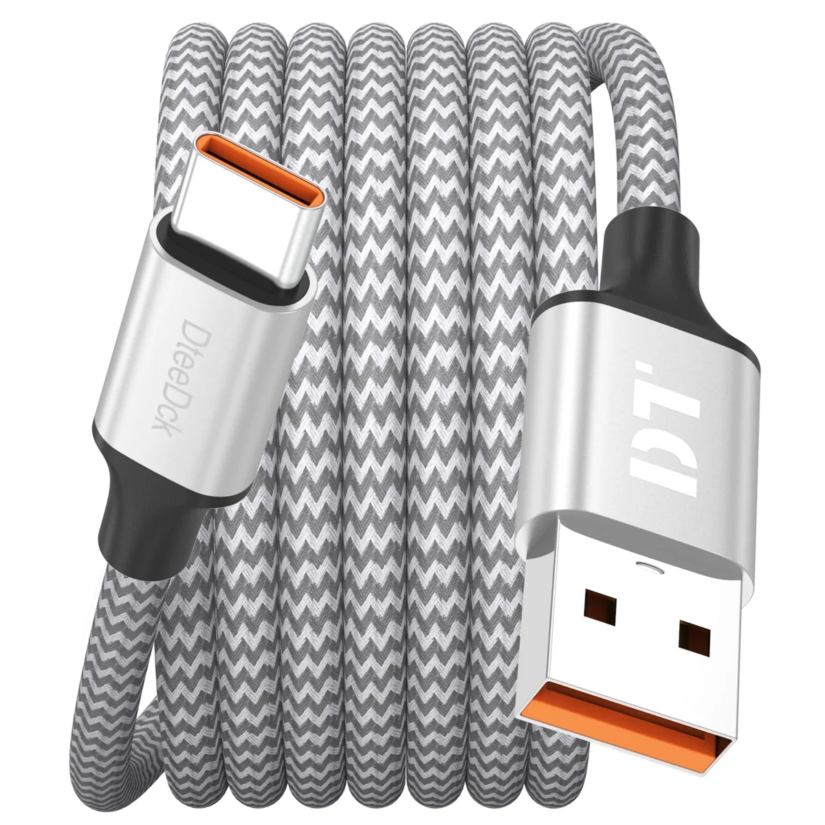 Silver braided USB-A to USB-C cable, 15 ft, aluminum connector shells