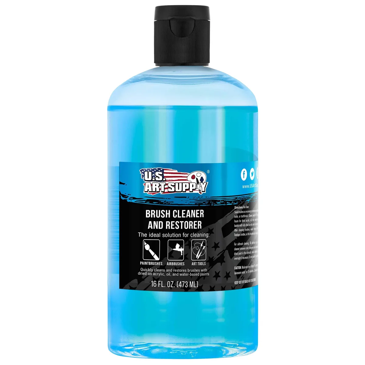 White plastic bottle with black cap and blue label, 16 ounce brush cleaner restorer
