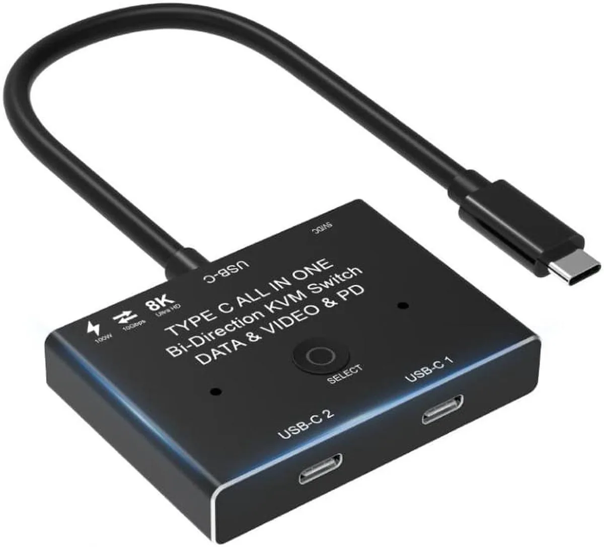 Small rectangular USB-C switch with two ports one side one port other side dark finish
