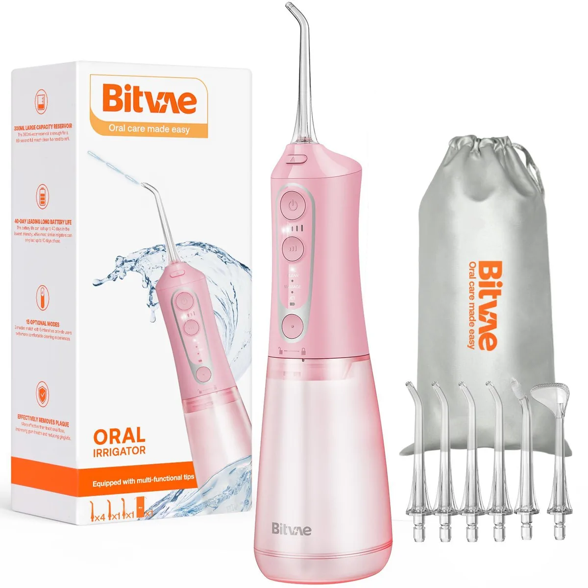Pink cordless water flosser with 300ml reservoir and six jet tips