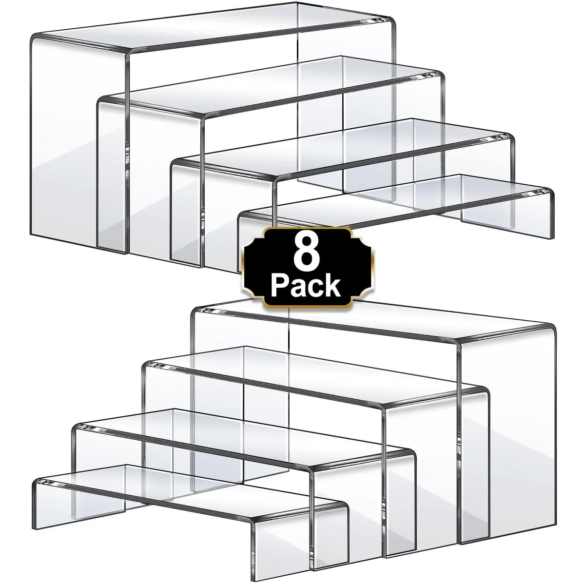 Eight clear acrylic rectangular risers in four graduated sizes, polished finish, shown assembled on a flat surface