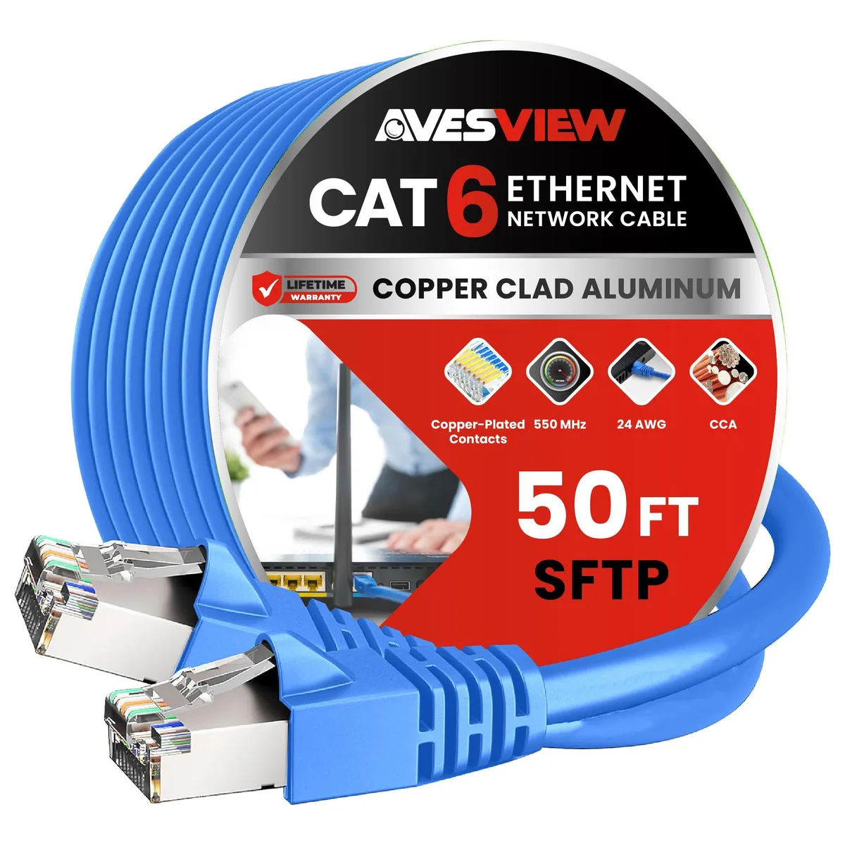  AvesView Shielded CAT6 Ethernet Cable 50FT Blue 23 AWG 550MHz 10Gbps SFTP — product photo