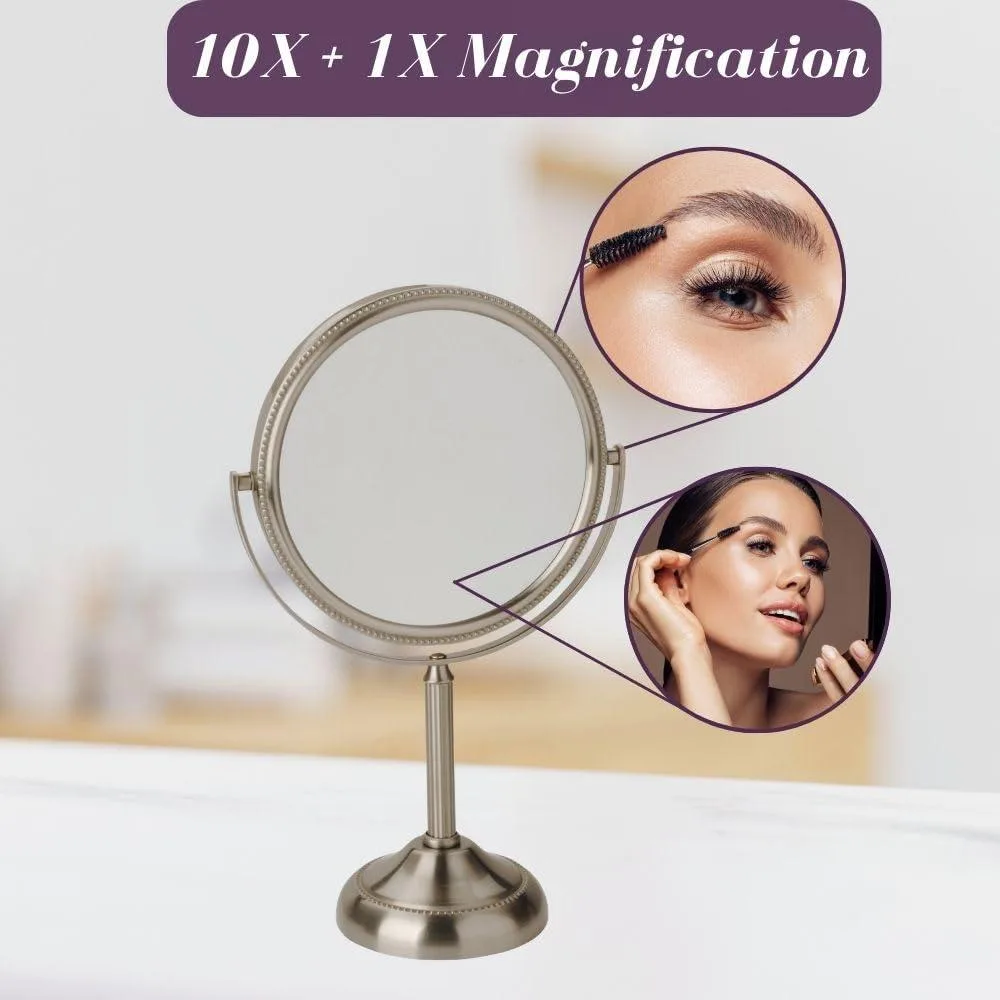 Round nickel-finish tabletop mirror on extendable arm, 6 inch dual-sided 1X and 10X magnification, 360 swivel, 11 inch height