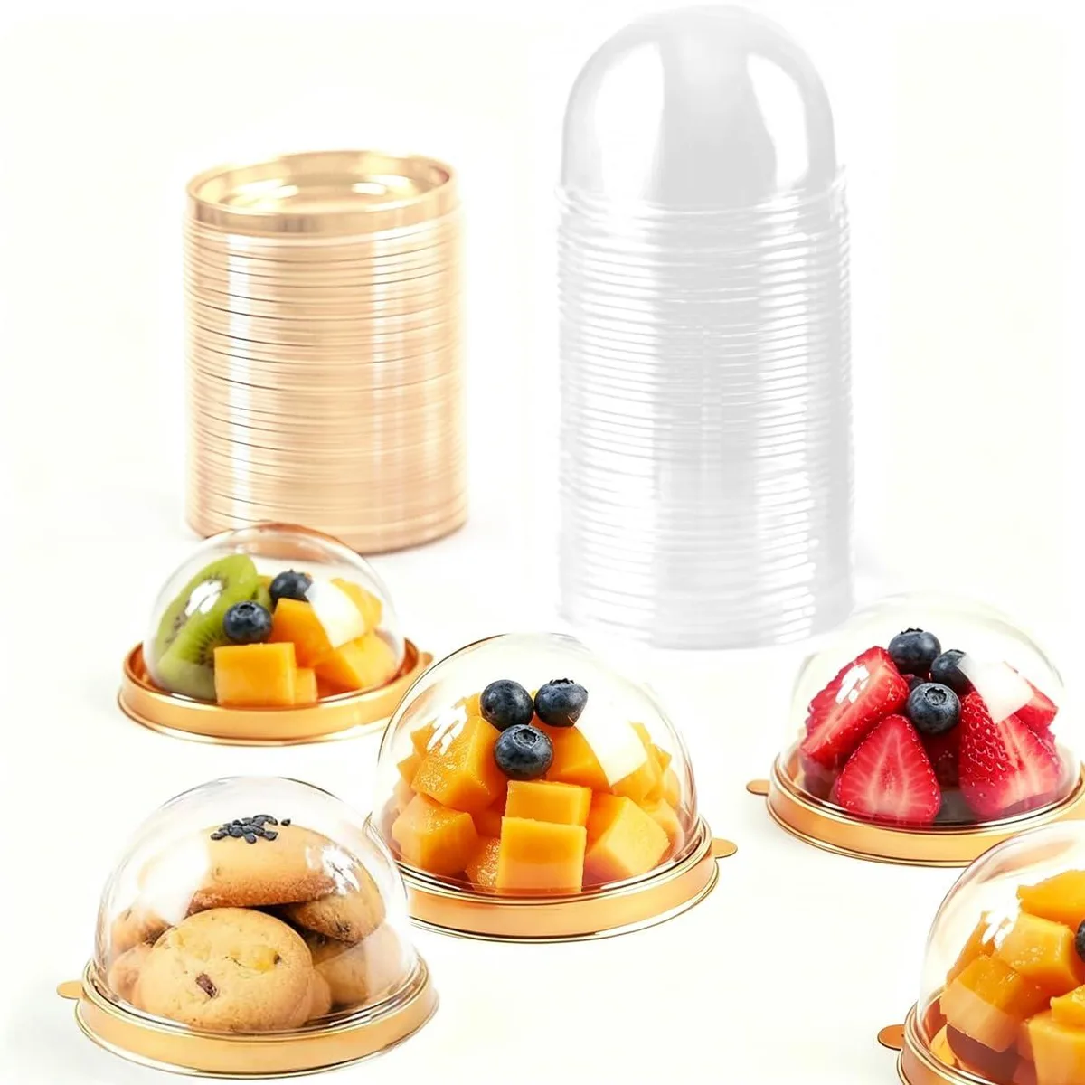 50 clear mini dessert domes with gold flange bases, 2.5 to 3 inch size