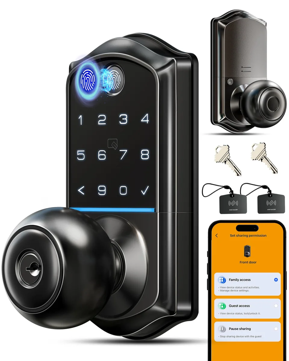 Matte black smart knob handle lock with fingerprint sensor and keypad