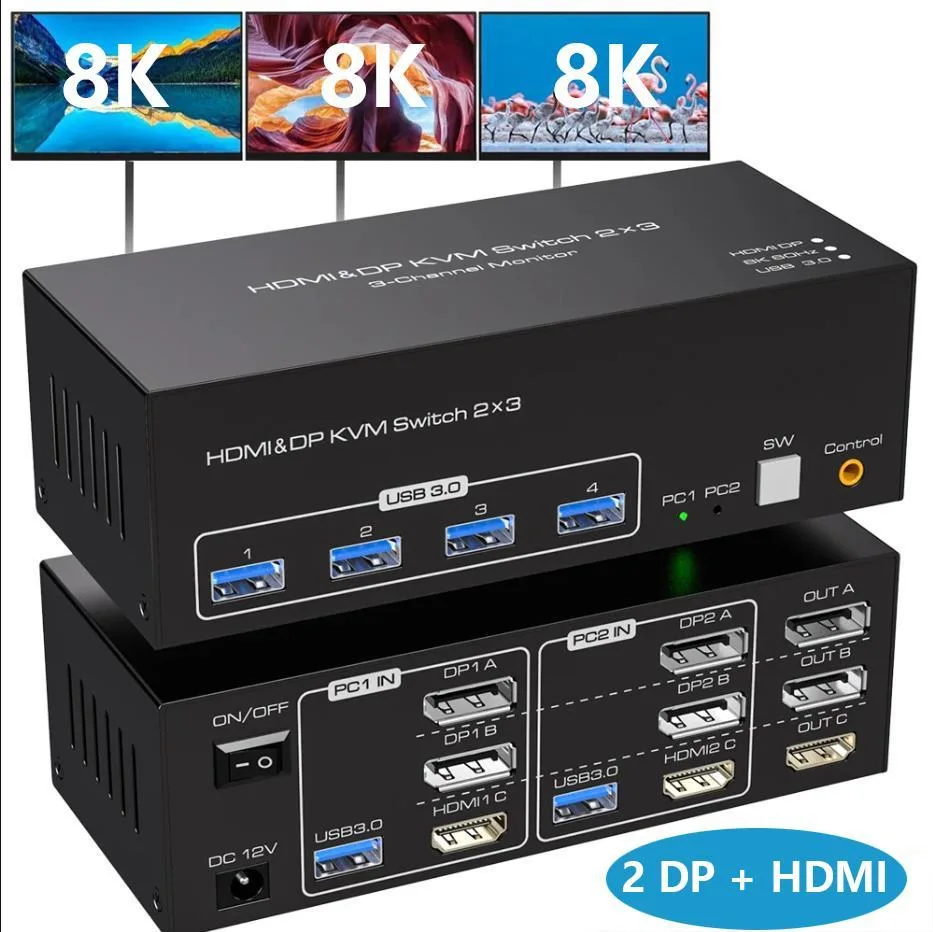 WRIARICH WRIARICH 8K 60Hz Triple Monitor KVM Switch HDMI 2 DP 2 PC 4 USB 3.0 — product photo