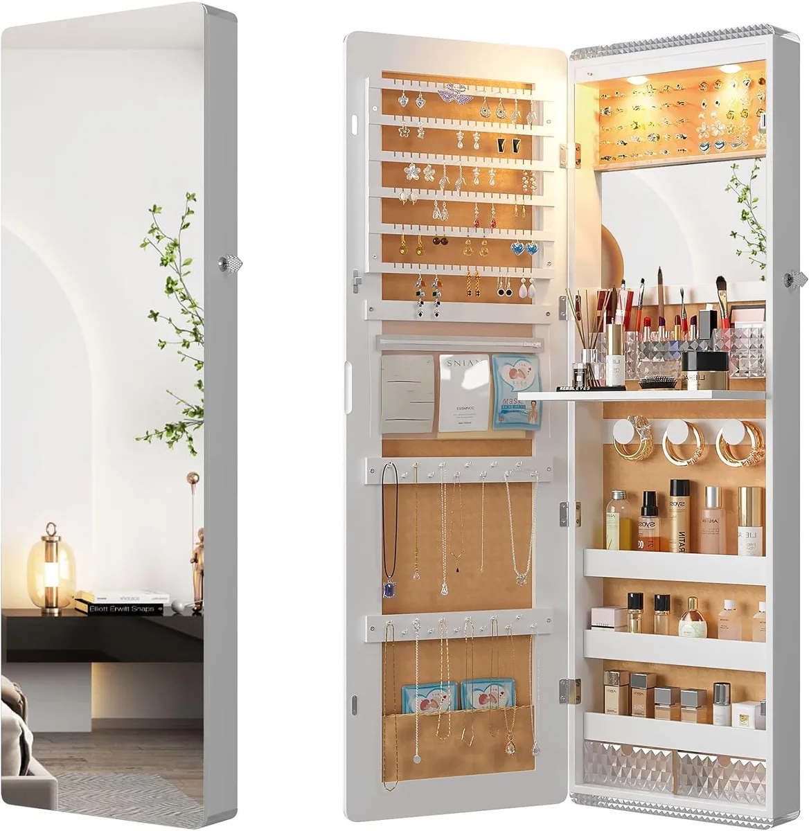 White wall-mounted jewelry cabinet with full-length mirror, two drawers, three shelves, lockable, 47.2 inches tall
