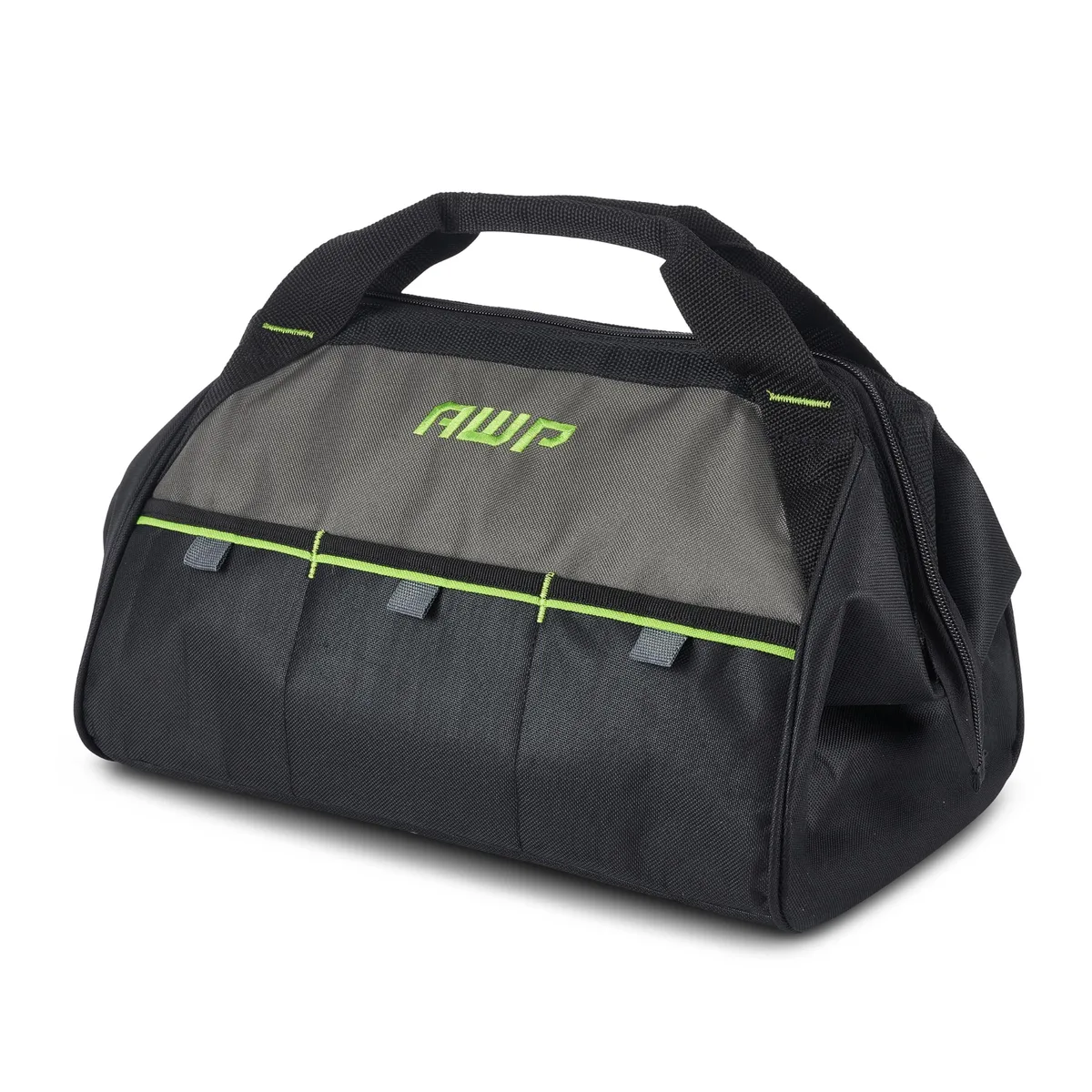 Black 15 inch polyester tool bag with zippered wide opening and three exterior pockets