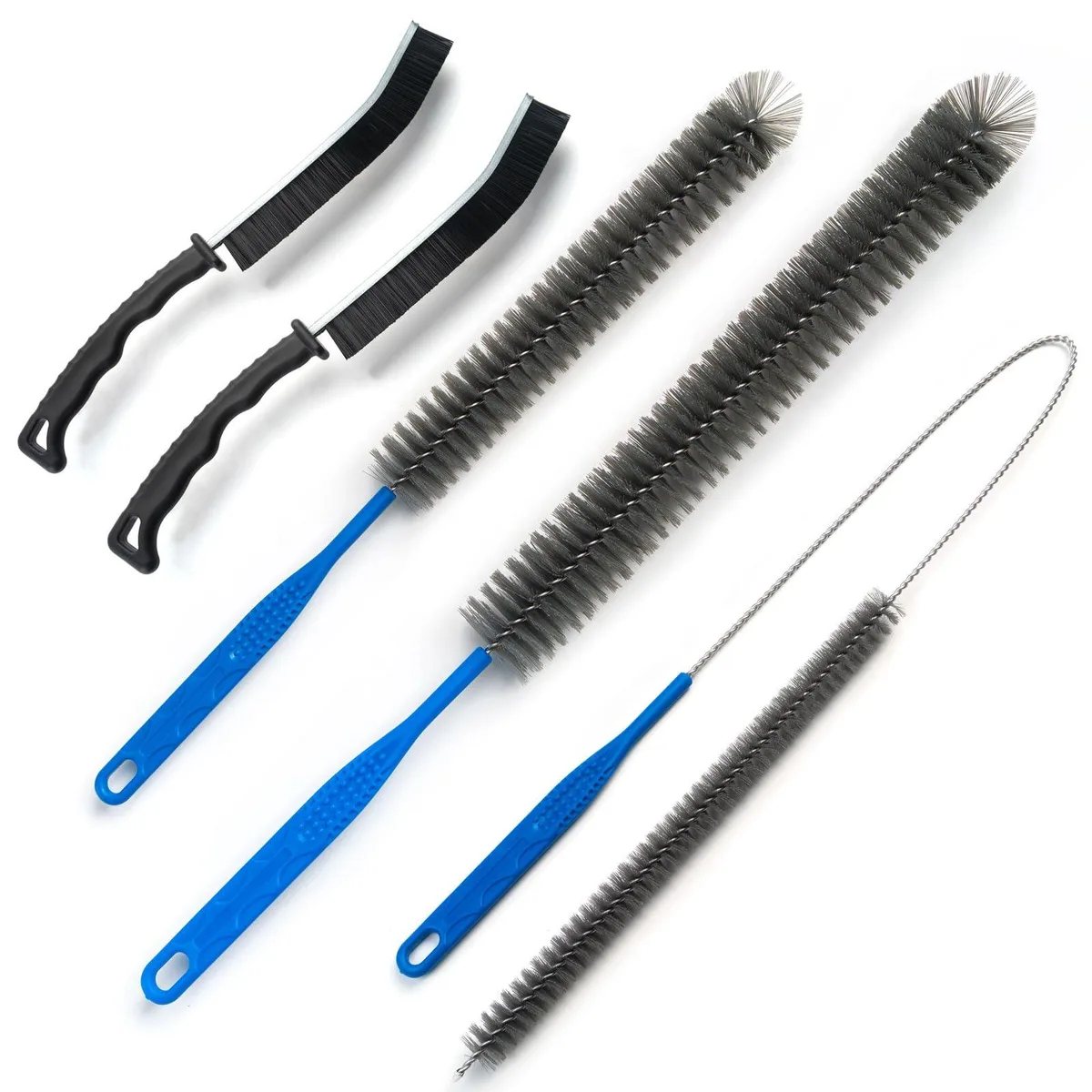Two long flexible brushes with nylon bristles and plastic handles for appliance cleaning