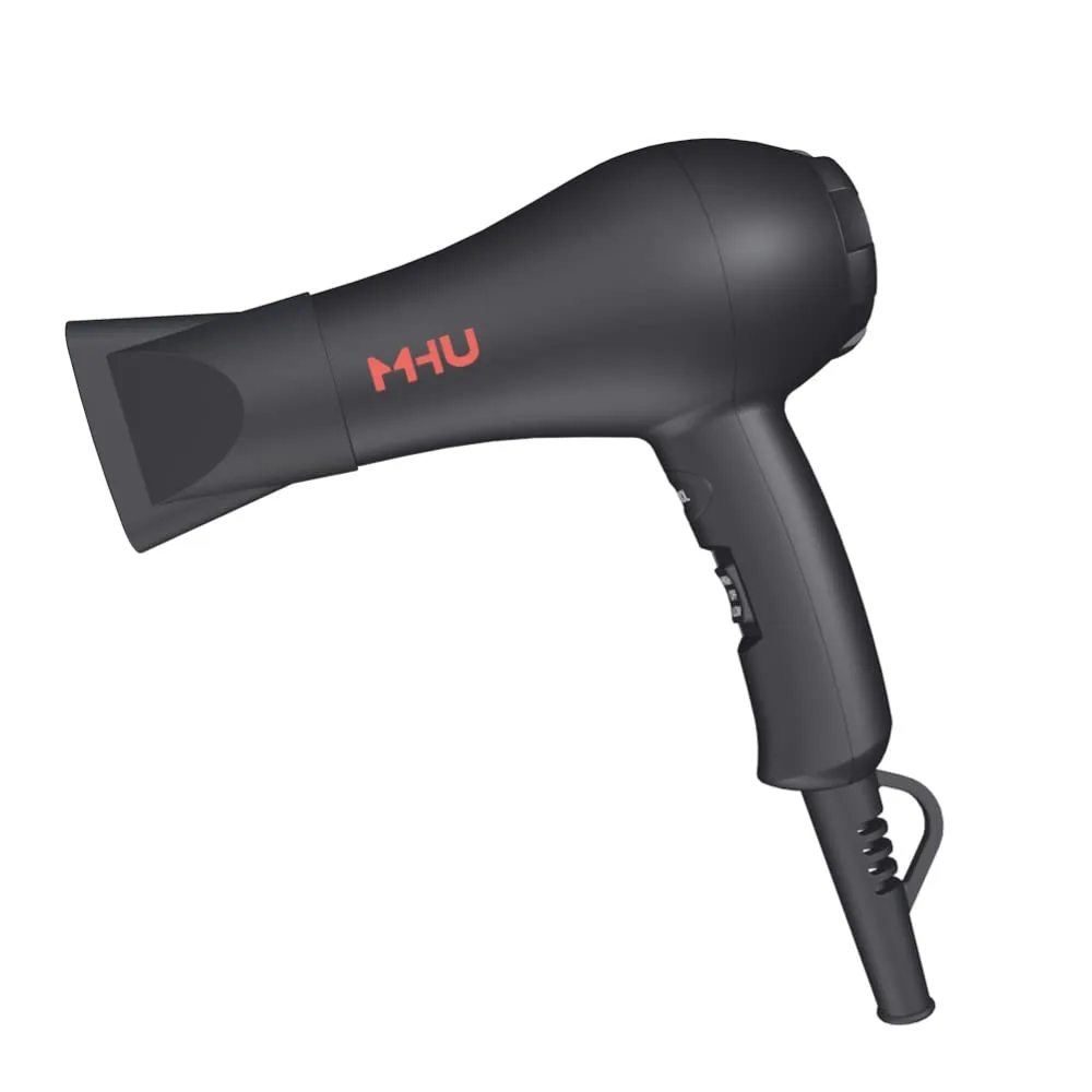 Compact black hair dryer with soft curves, concentrator nozzle and hanging loop