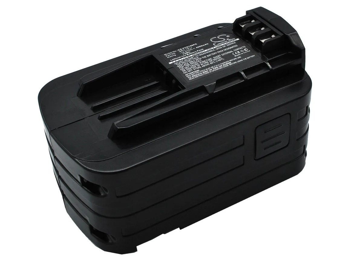 Rectangular 18 V power-tool battery, dark plastic casing, slide-on contacts, 125 x 80 x 39 mm