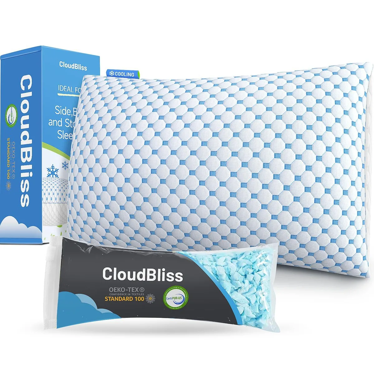 Blue queen-size shredded memory foam pillow with adjustable fill, 1.628 kg