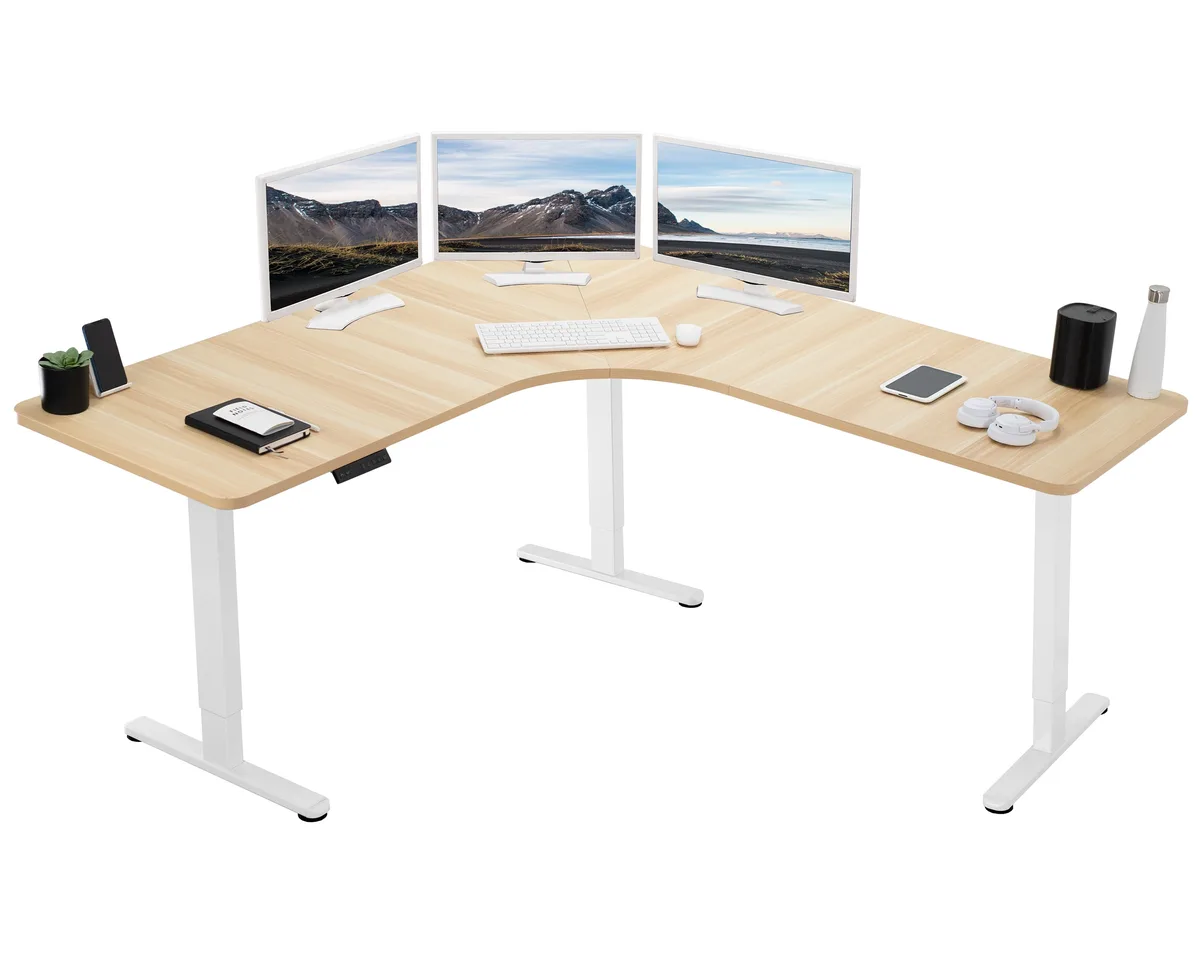 VIVO VIVO Light Wood White Electric 71" x 71" Curved Corner Standing Desk — product photo