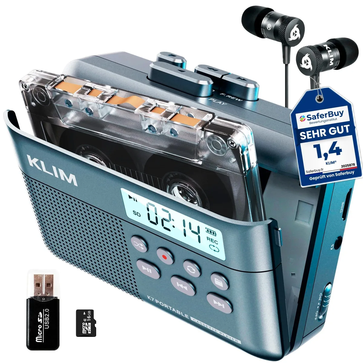  KLIM K7 Cassette Player Blue 16GB SD Card 1000mAh — product photo