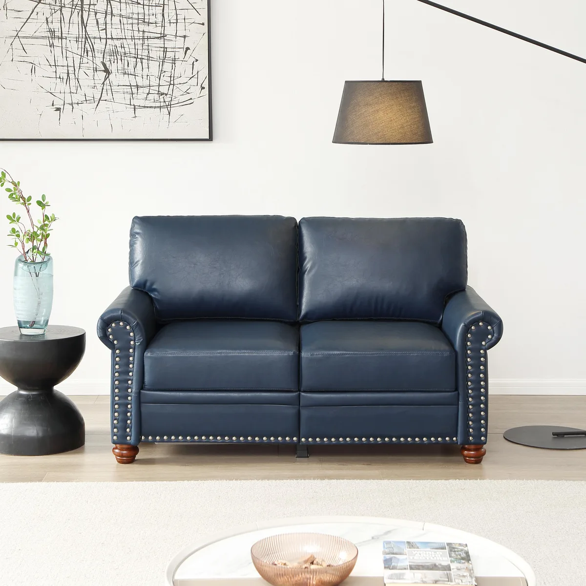 tuphen tuphen Loveseat Sofa Navy Blue PU Leather Silver Nails Storage — product photo