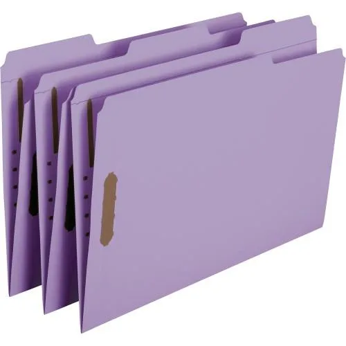 A closed cardboard box containing fifty lavender legal-size file folders with top tabs and fasteners