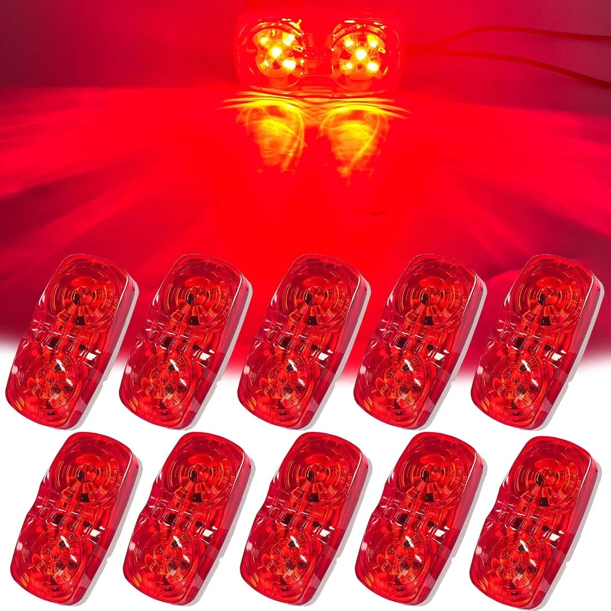 Ten red rectangular marker lights with clear lenses, four-inch size, twelve-volt, IP67 rated