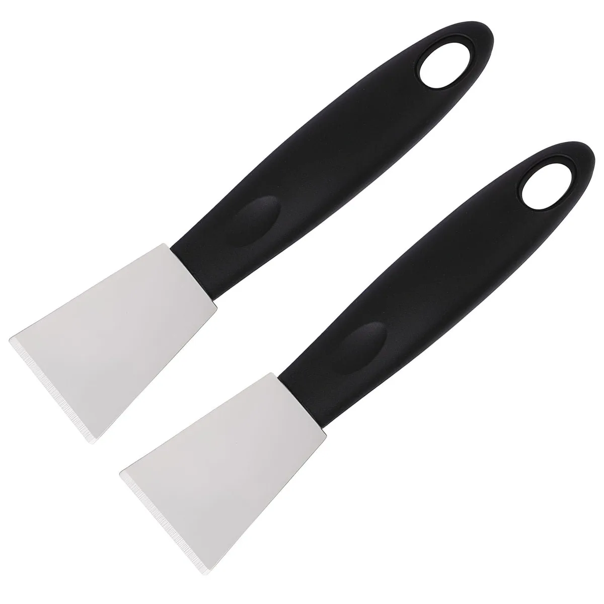 Two black-handled stainless steel scrapers, 16 by 3.8 cm, hangable handles