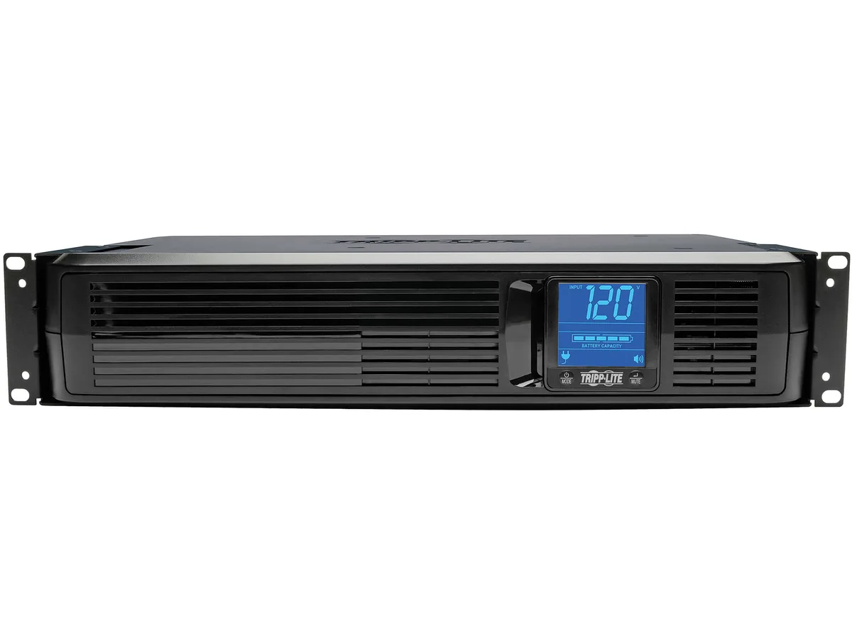 Rectangular black 2U rack-tower UPS with front LCD panel and eight rear outlets