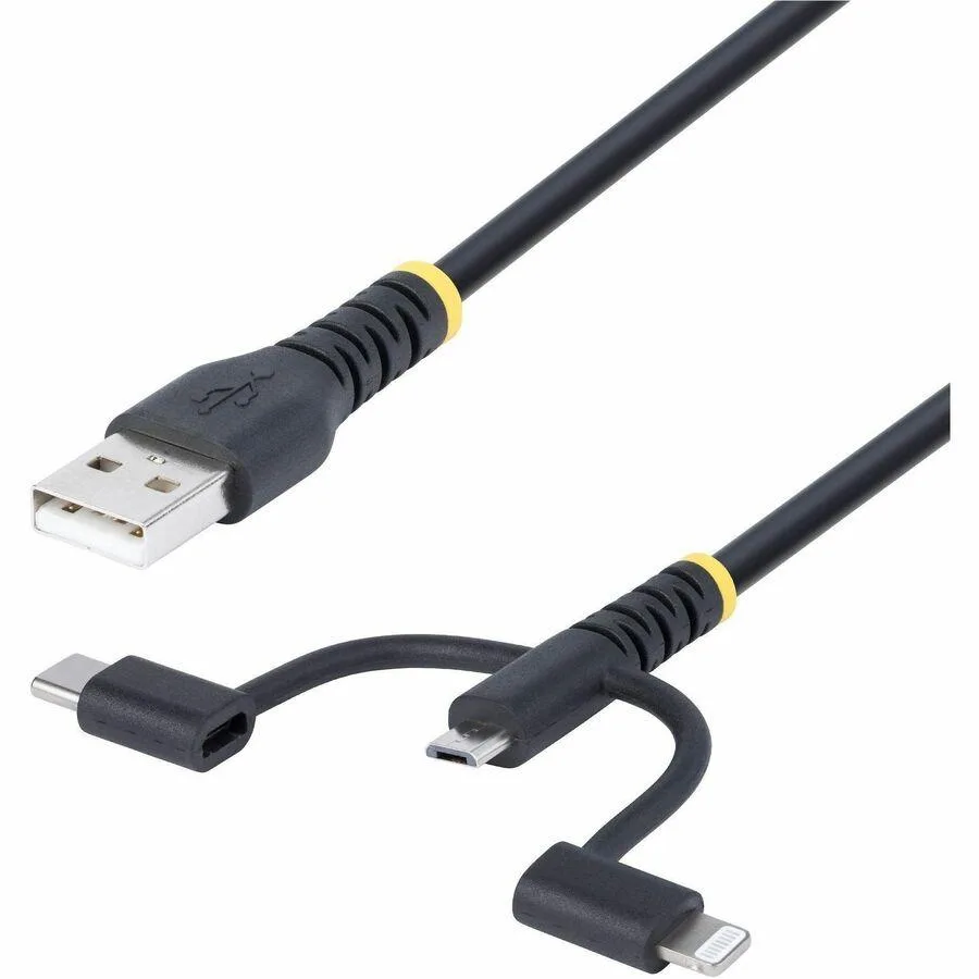 Black rugged USB cable with Lightning, Micro-USB and Type-C connectors