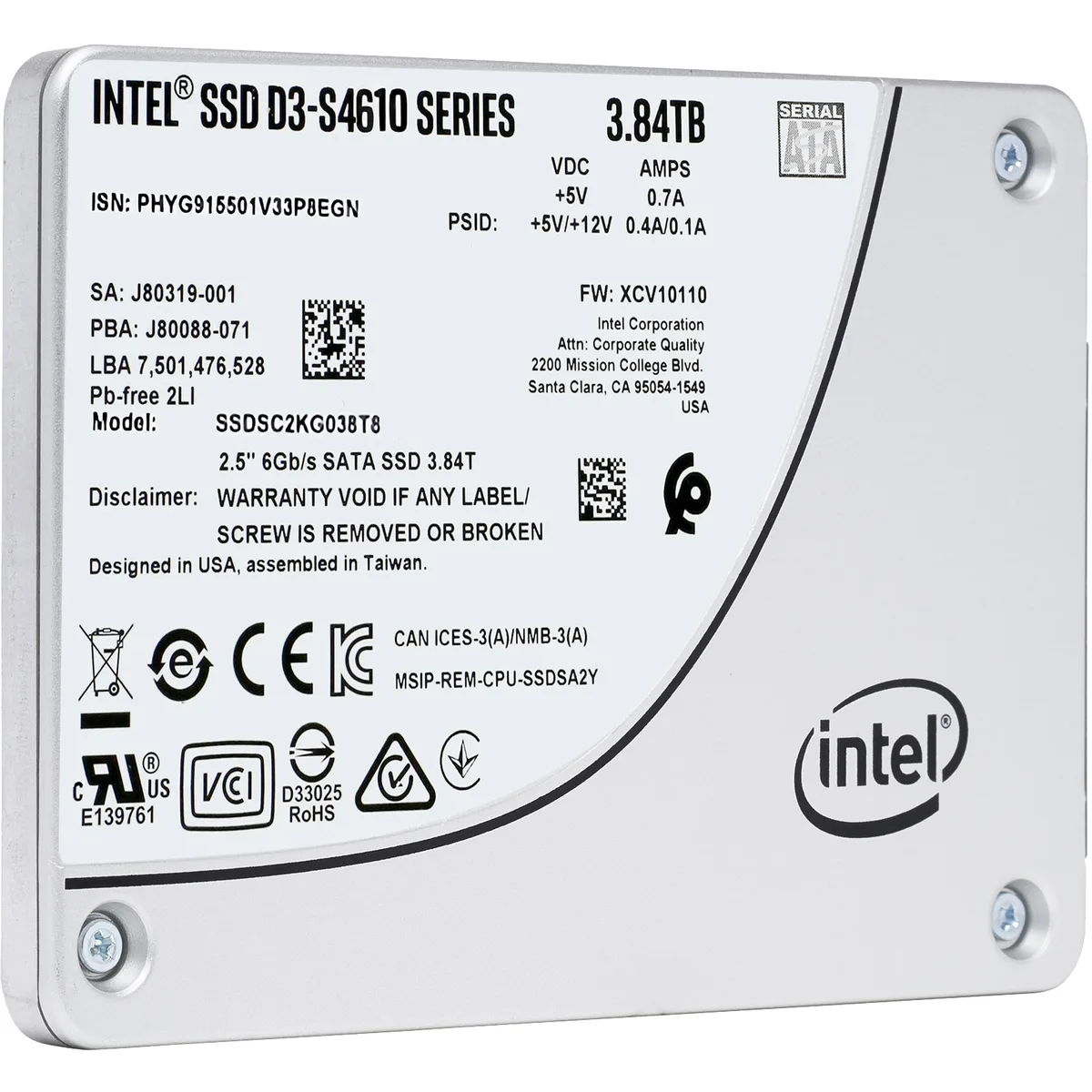Intel Intel D3-S4610 3.84TB SATA 2.5" Enterprise SSD SSDSC2KG038T801 — product photo