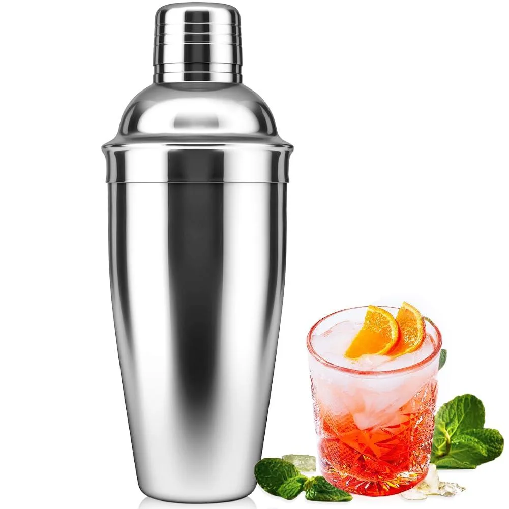 Seven-piece stainless steel cocktail shaker set with built-in strainer and jigger cap