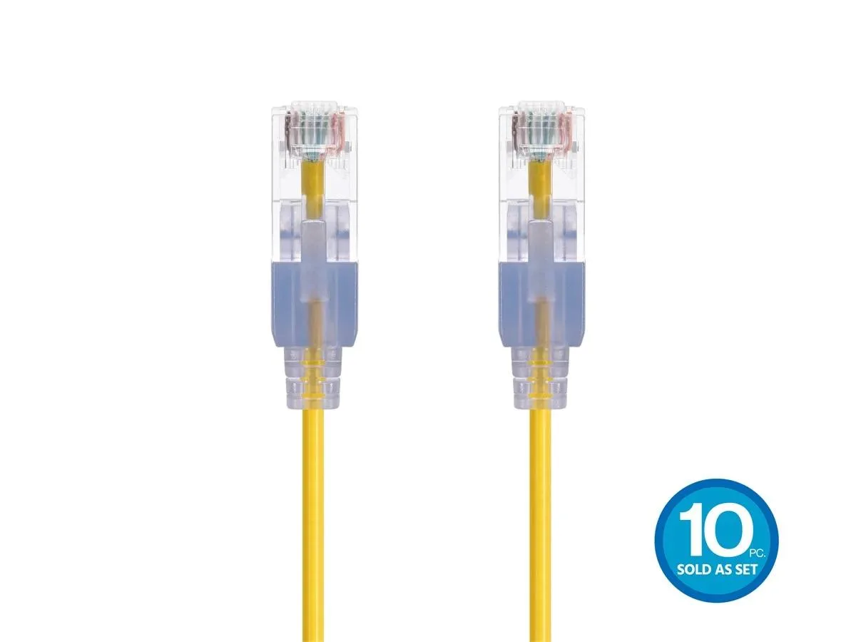 Ten slim yellow Cat6A patch cables with narrow snagless RJ45 boots, 2ft each