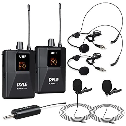 Black dual UHF wireless mic system with receiver, headset and lavalier mics