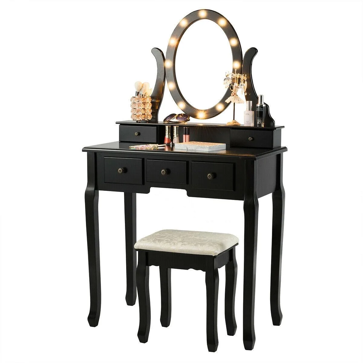 Black vanity table with five drawers, round mirror, 12 LED bulbs and matching stool