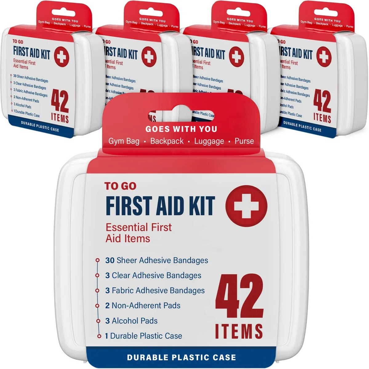 Four small rectangular first-aid boxes in a row