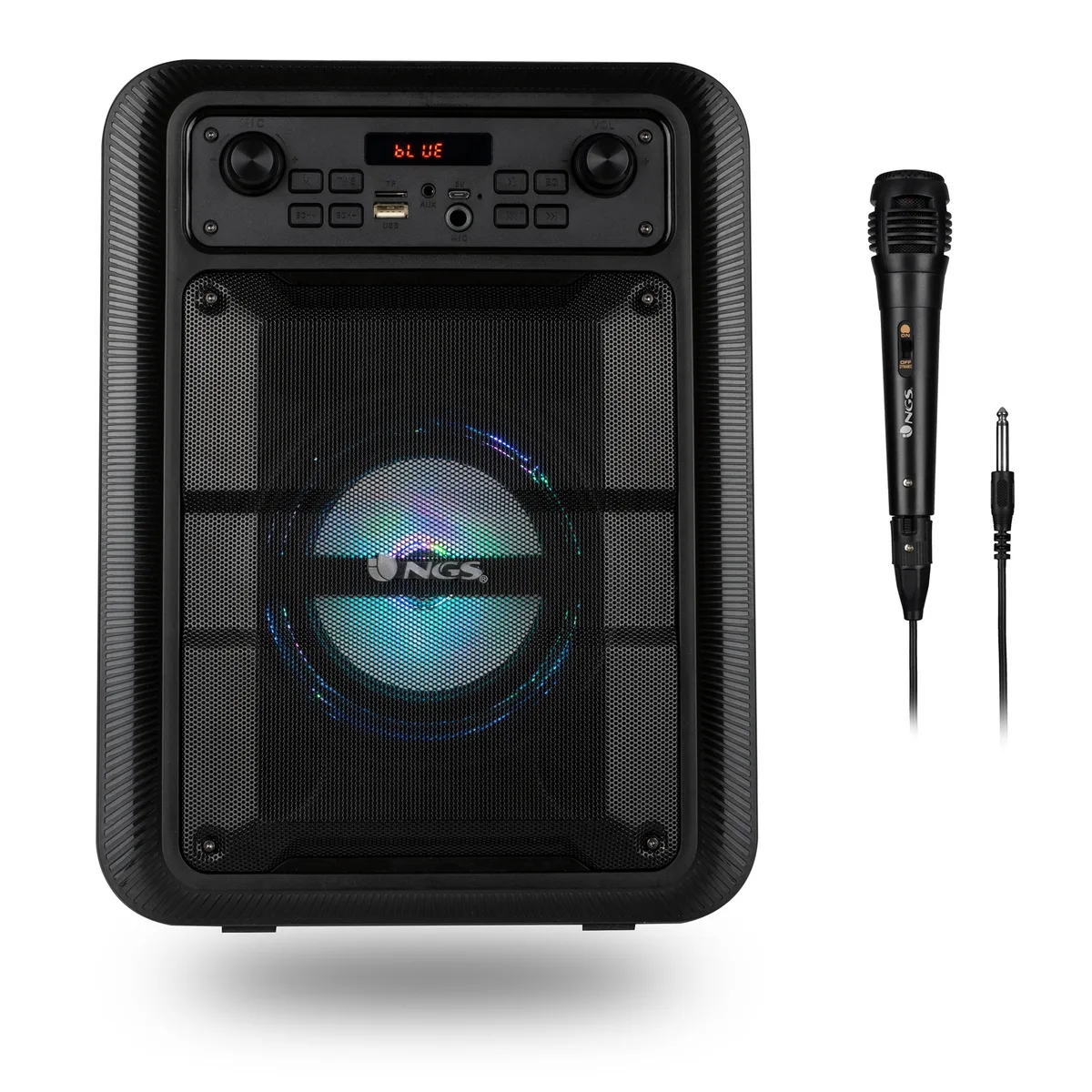 Black rectangular portable speaker with carry handle and front grille