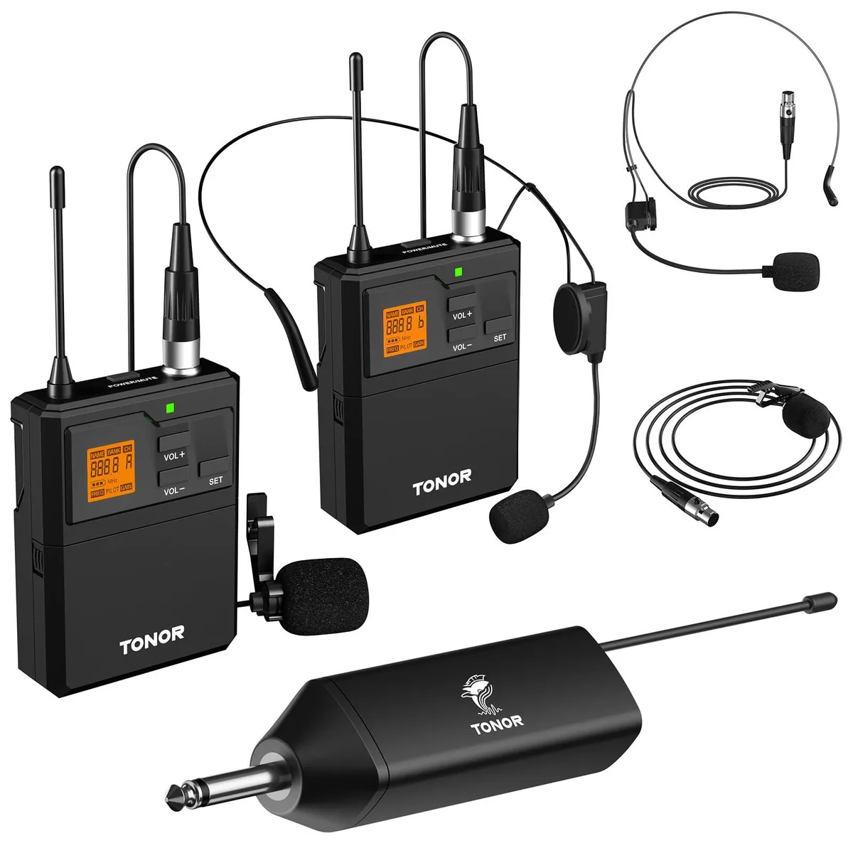  TONOR TW632 UHF Wireless Microphone System, 2 Bodypack Mics, 15 Channels, 60 m Range, 1/4" Output — product photo
