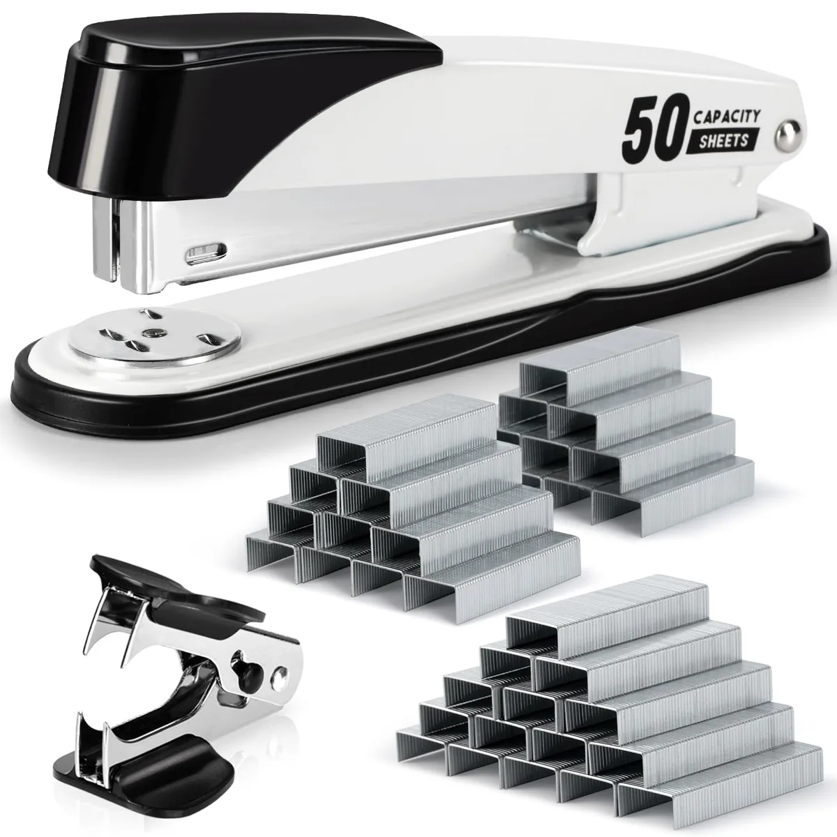White heavy-duty stapler with metal body, rubber base, staple remover, opens 180 degrees