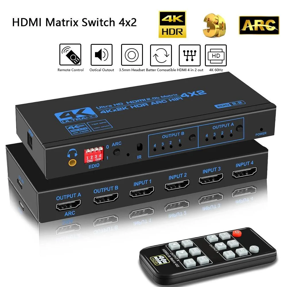 WRIARICH WRIARICH 4x2 HDMI 2.0b Matrix Switch 18.5 Gbps 4K@60Hz HDR HDCP 2.2 3D SPDIF 3.5mm (OZJ2-1) — product photo