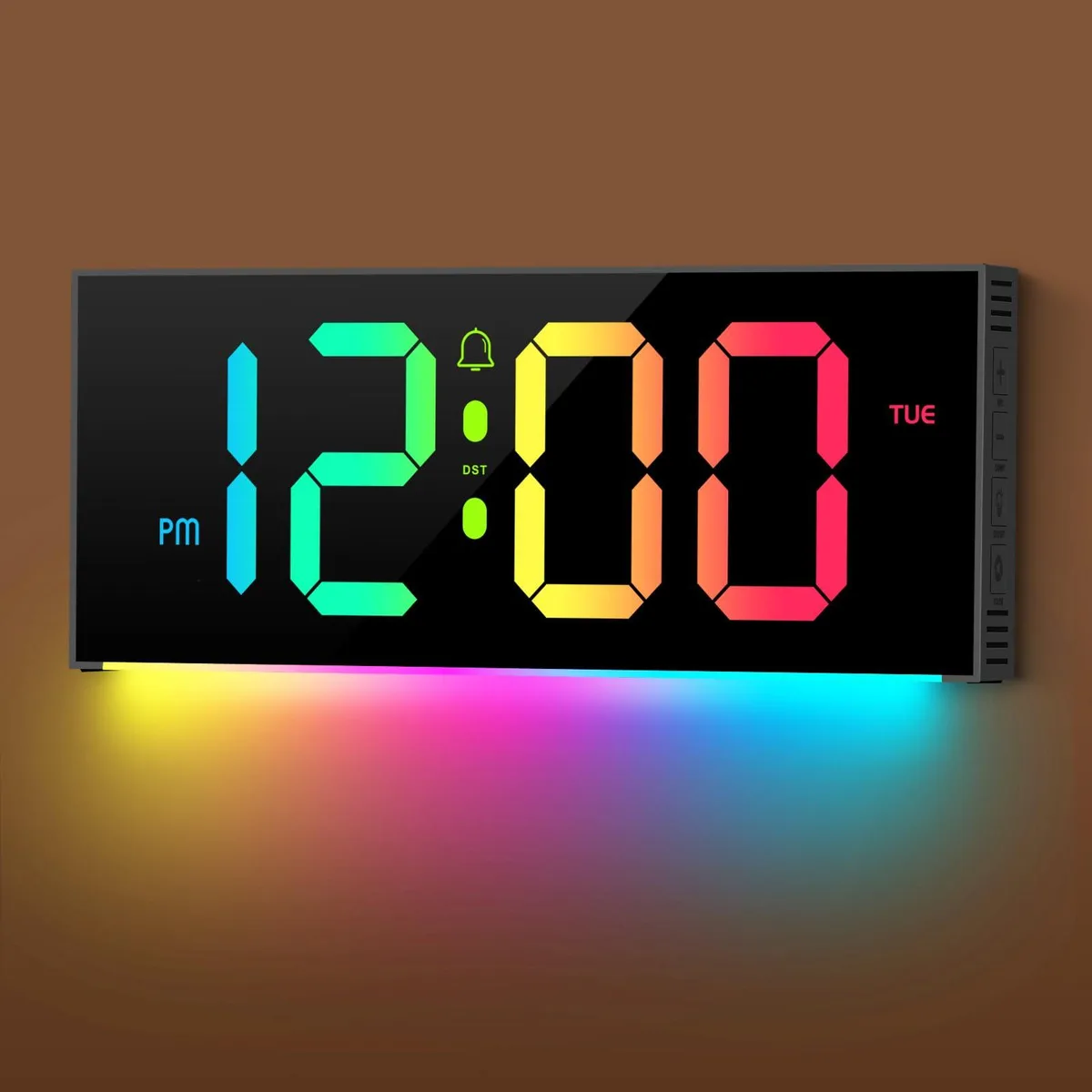 Rectangular black digital wall clock with full-screen display and folding stand