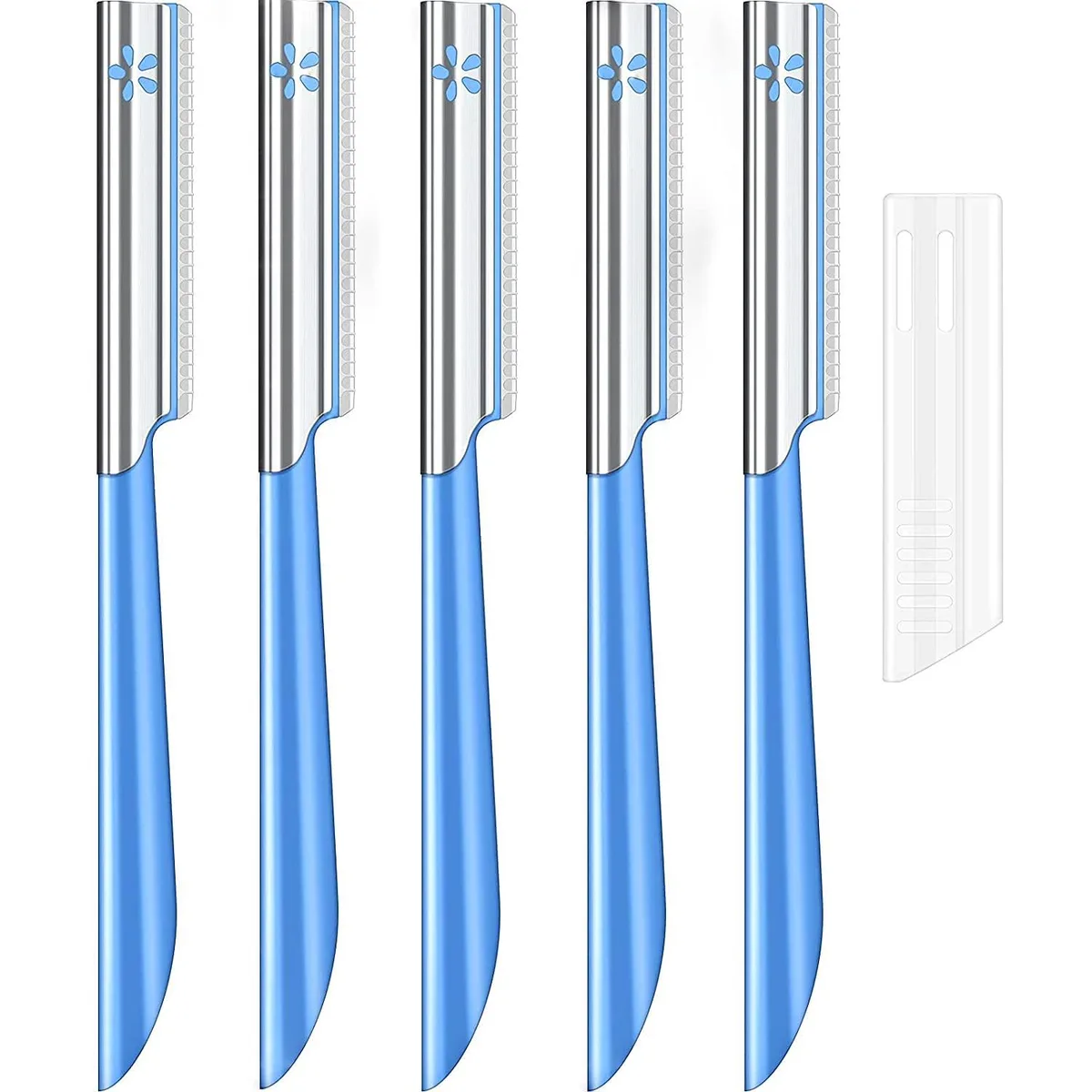 Five blue plastic-handled facial razors with protective caps