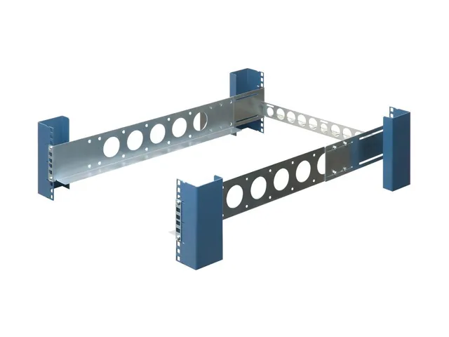 Pair of silver metal 2U fixed rack rails with cable management bar